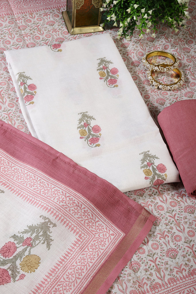 Cream & Dark Mauve Color Cotton Printed Unstitched Suit Material