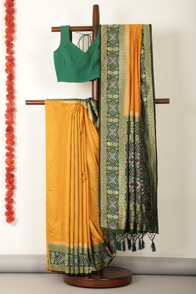 Mustard & Green Dual Toned Tussar Silk Patola Woven Saree