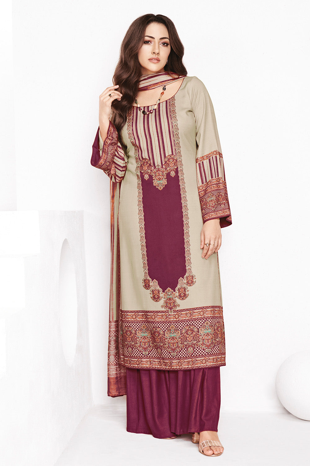 Wine & Beige Kashmiri Paisley Printed Unstitched Suits Material