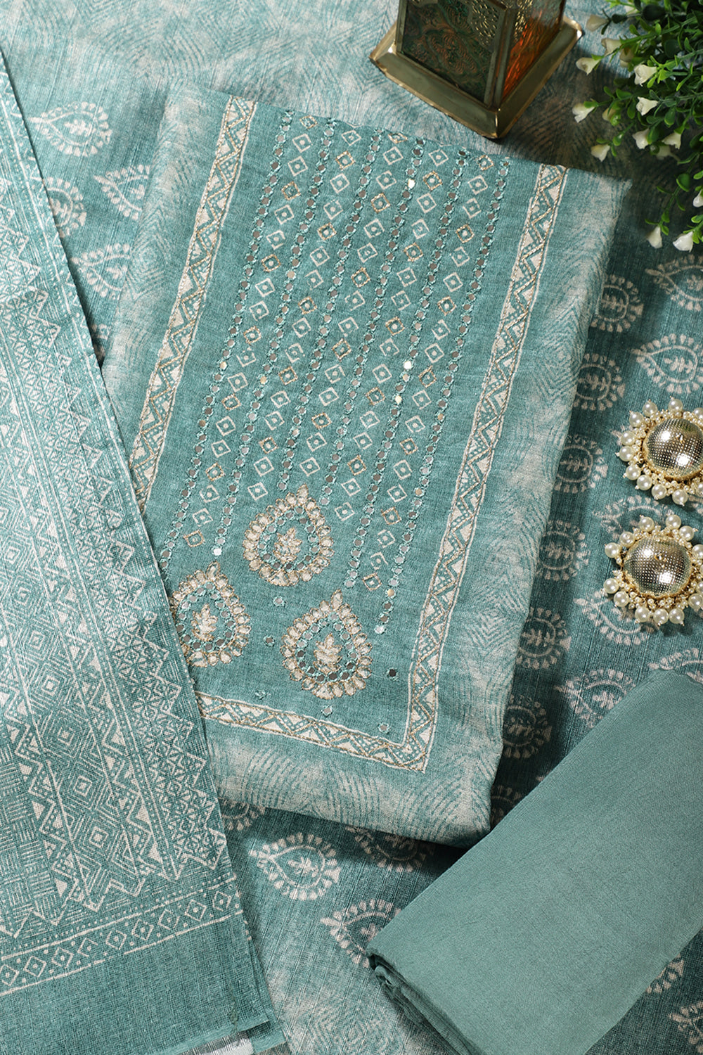 Sea Green Chanderi Silk Mirror Worked Unstitched Suit Material