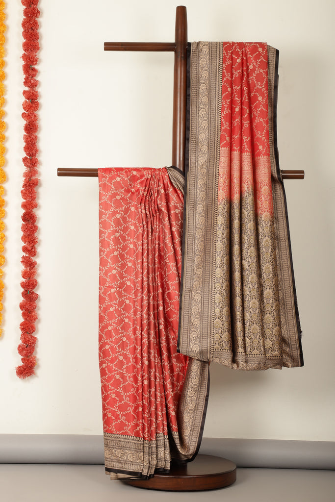 Red & Black Dual Toned Silk Floral Jal Woven Saree
