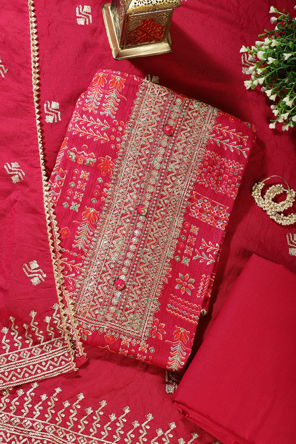 Cardinal Red Digital Printed & Neck Embroidered Cotton Unstitched Suit