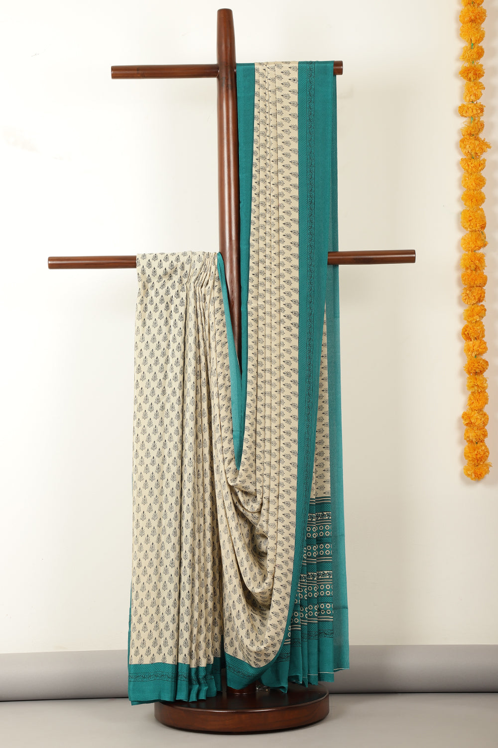 Beige & Teal Crepe Printed Saree