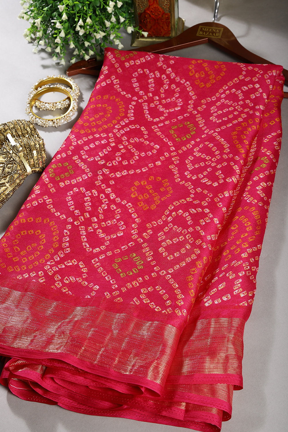 Magenta Pink Color Chiffon Bandhani Printed Saree