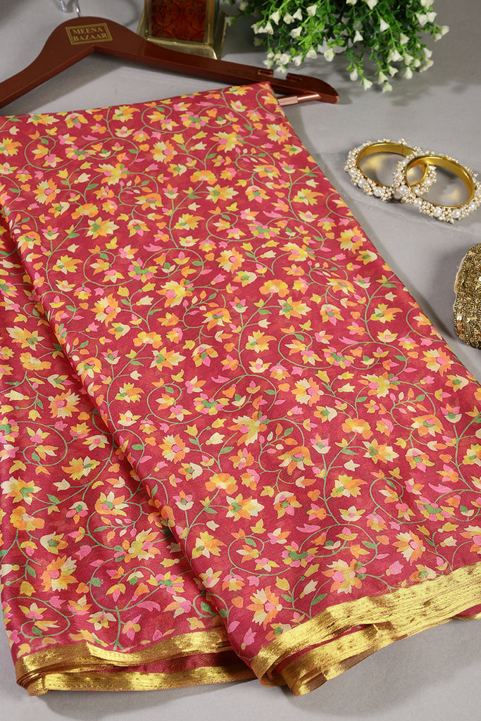 Shiraz Color Chiffon Floral Zari Border Printed Saree