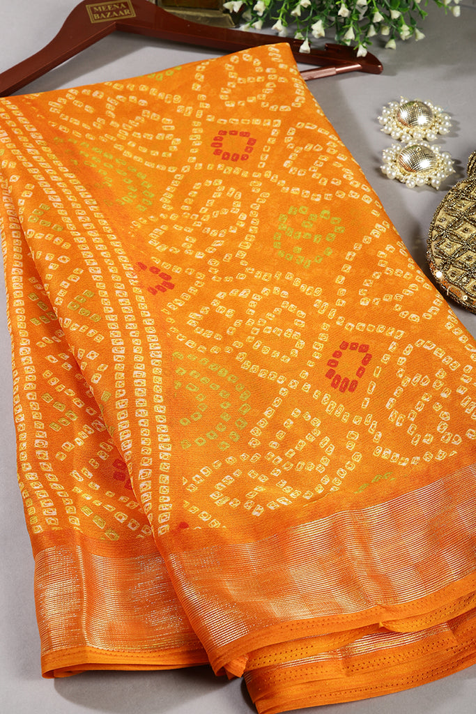Mustard Color Chiffon Bandhani Printed Saree