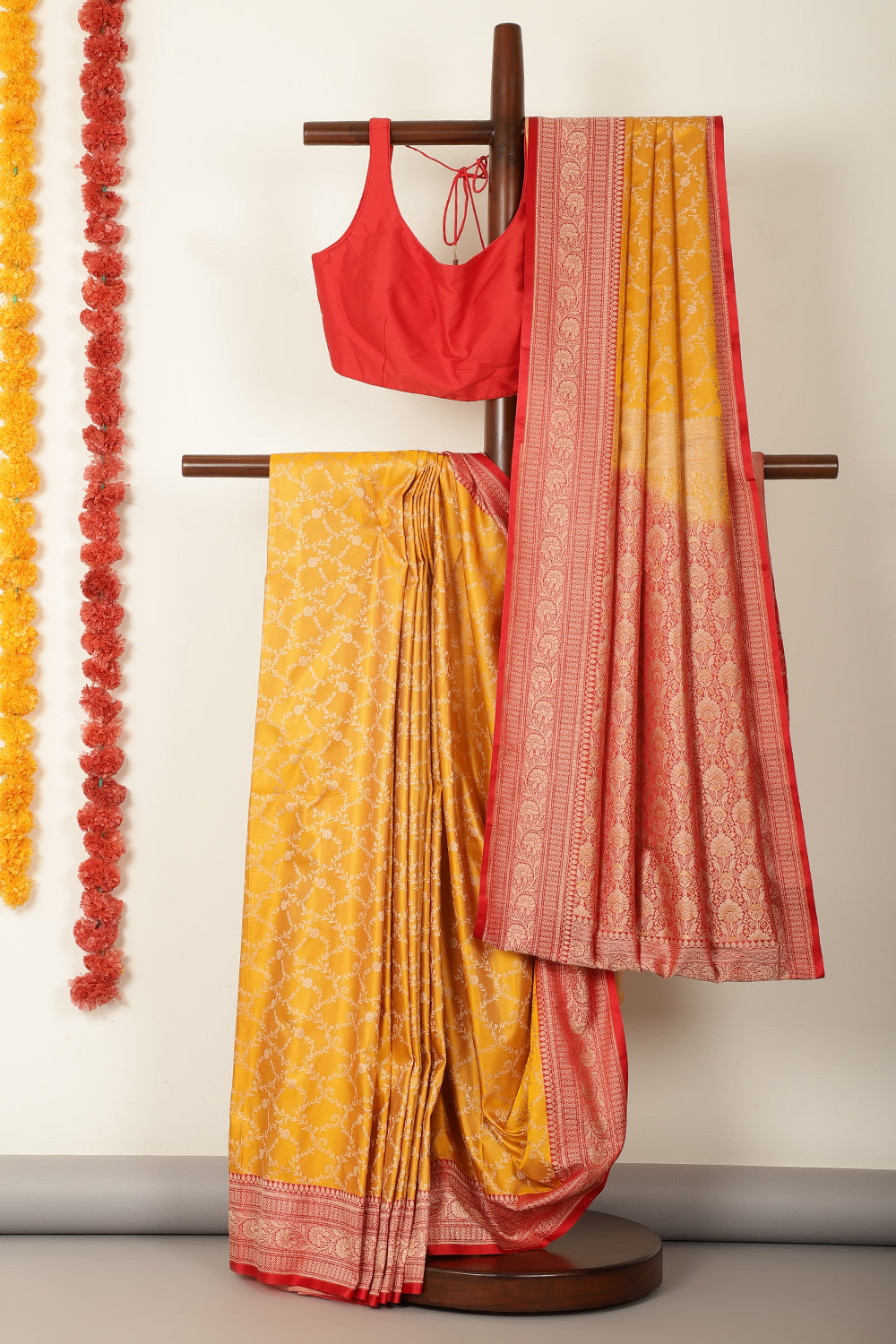 Mustard & Red Dual Toned Silk Floral Jal Woven Saree