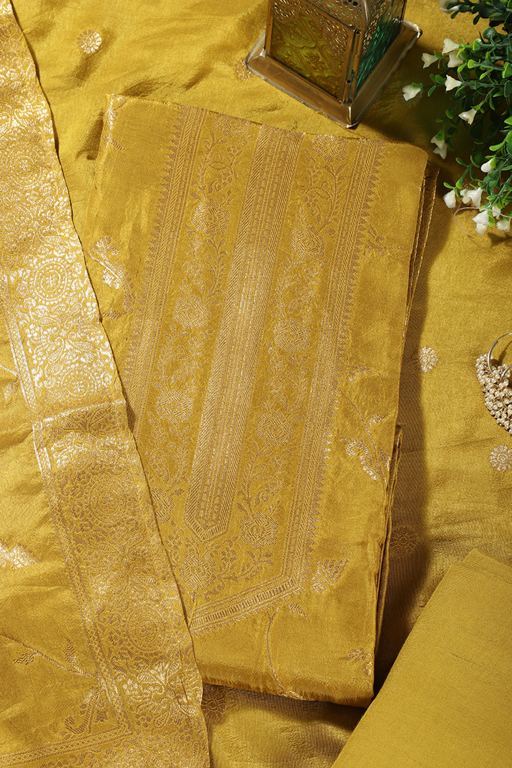 Olive Green Banarsi Floral Woven Silk Unstitched Suit