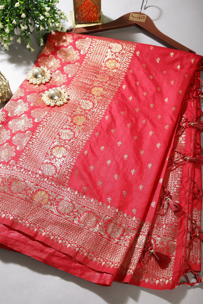 Carmine Red Color Raw Silk Woven Saree