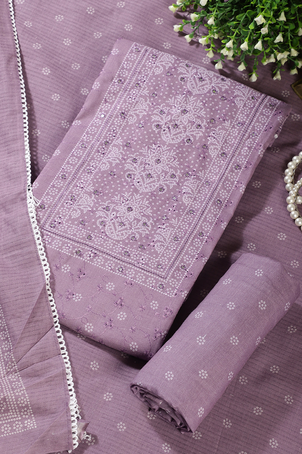 Purple Color Resham & Mirror Embroidered Cotton Unstitched Suit Fabric