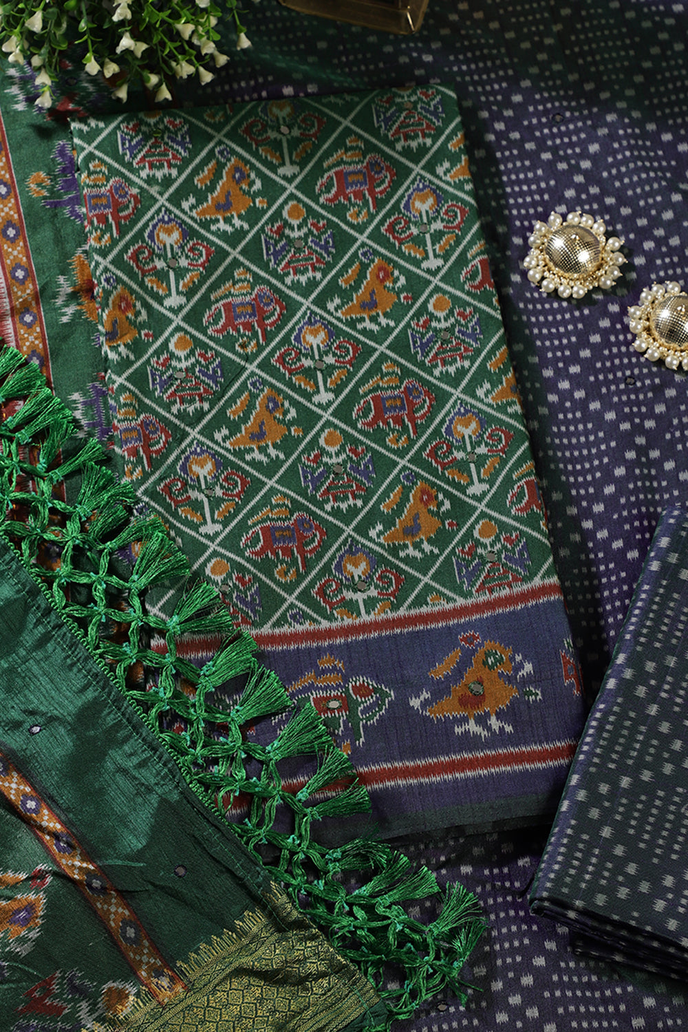 Green Crepe Silk Woven Embroidered Unstitched Suit Fabric