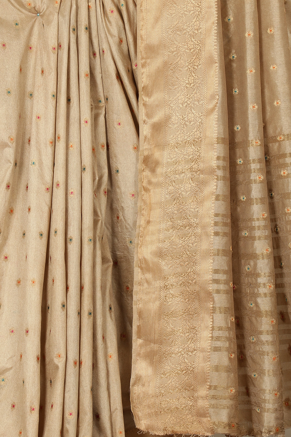 Beige Cotton Zari & Resham Woven Saree