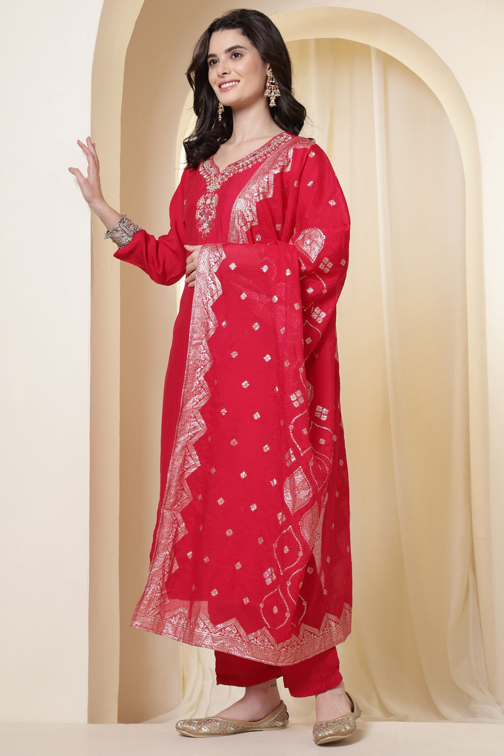 Rani Silk Neck Embroidered Suit Set With Woven Dupatta