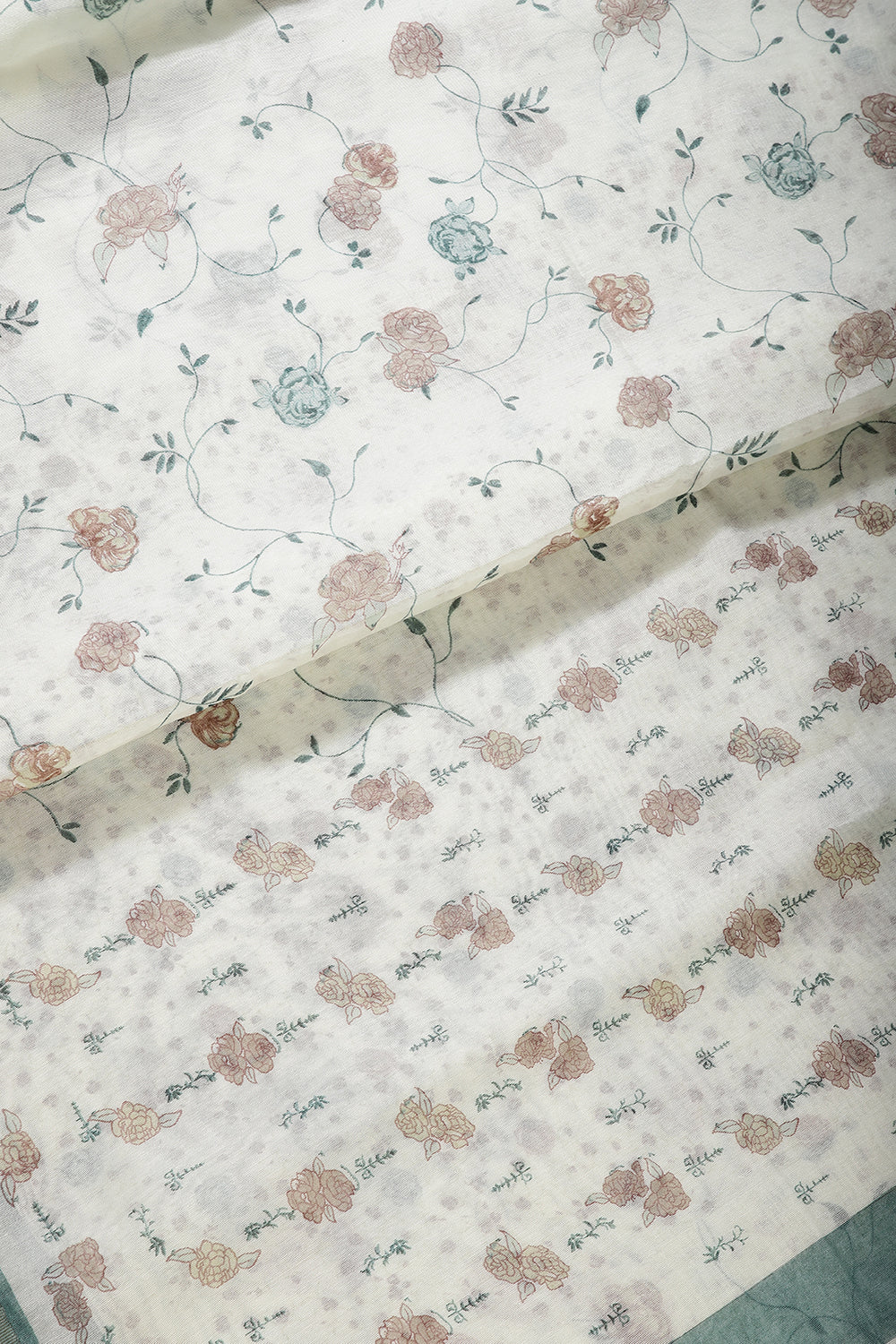 Cream & Teal Color Floral Printed Organza Cotton Saree