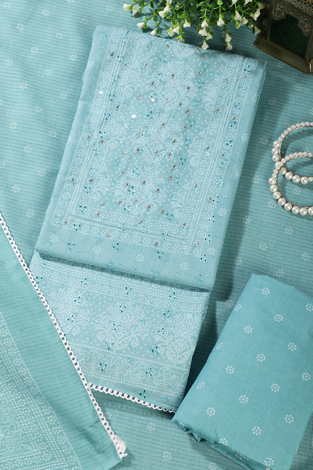 Turquoise Color Resham & Mirror Embroidered Cotton Unstitched Suit Fabric
