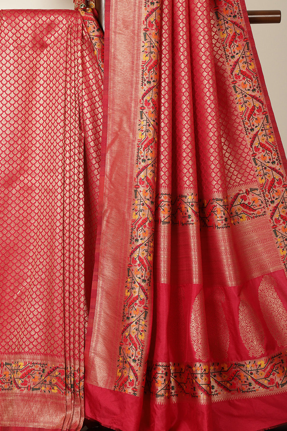 Cardinal Red Soft Silk Zari and Resham woven Paithani Work Saree