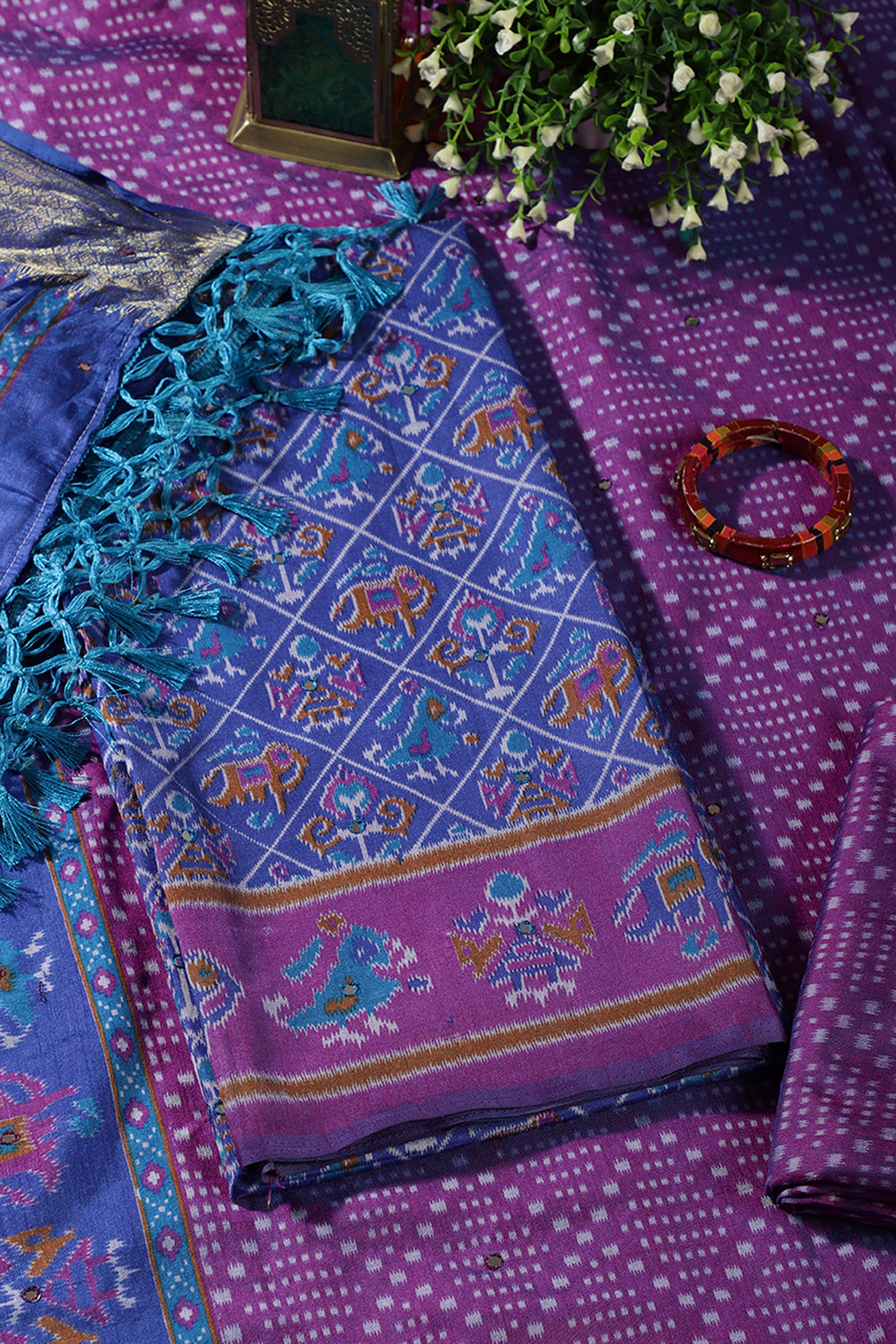 Royal Blue & Purple Crepe Silk Woven Embroidered Unstitched Suit Fabric
