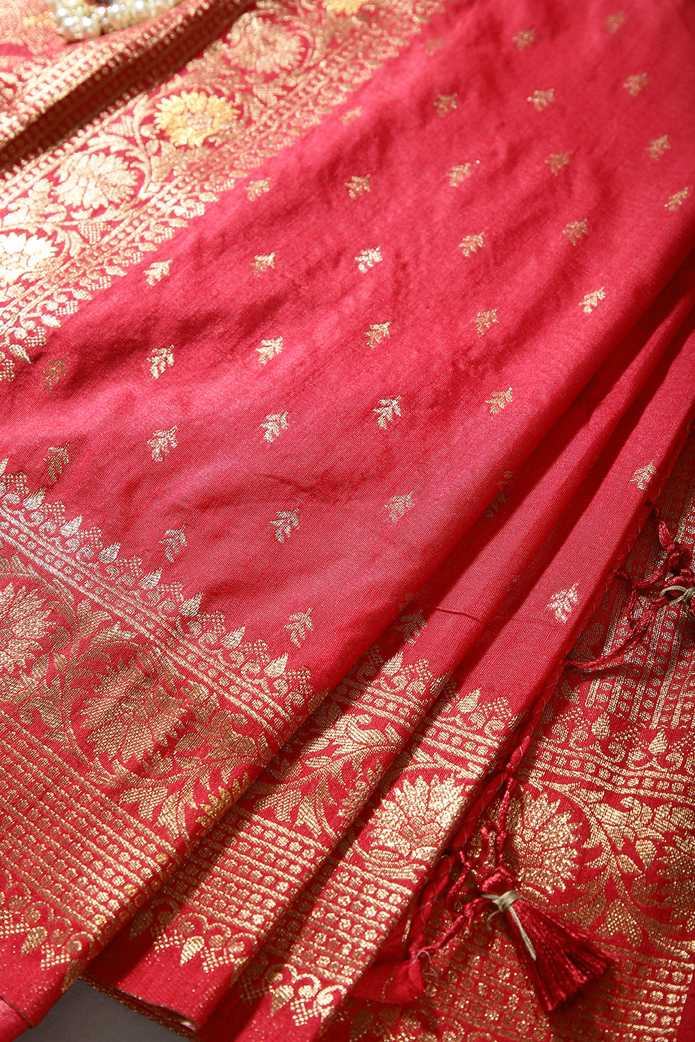Carmine Red Color Raw Silk Woven Saree
