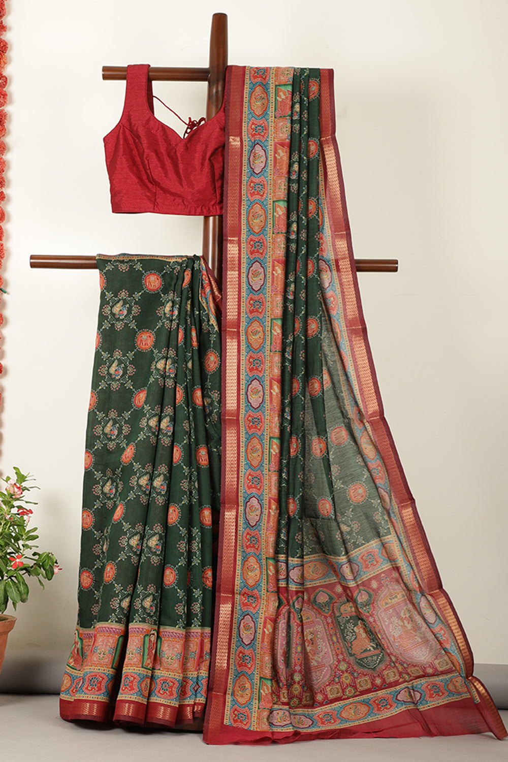 Bottle Green Cotton Kalamkari Printed Saree