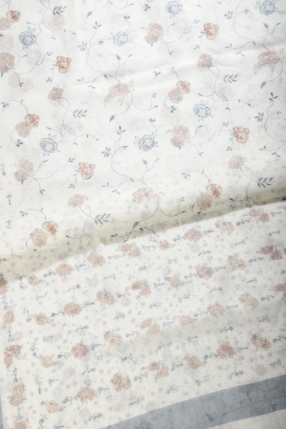Cream & Grey Color Floral Printed Organza Cotton Saree