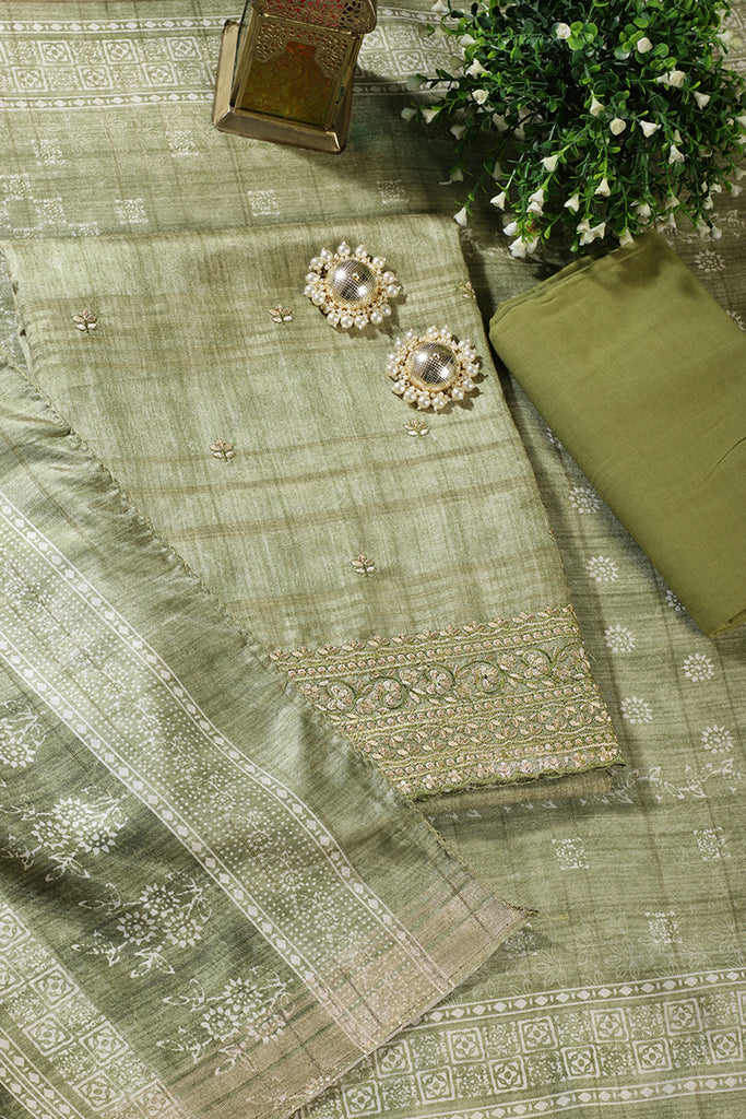 Sage Green Tussar Silk Embroidered Unstitched Suit Material