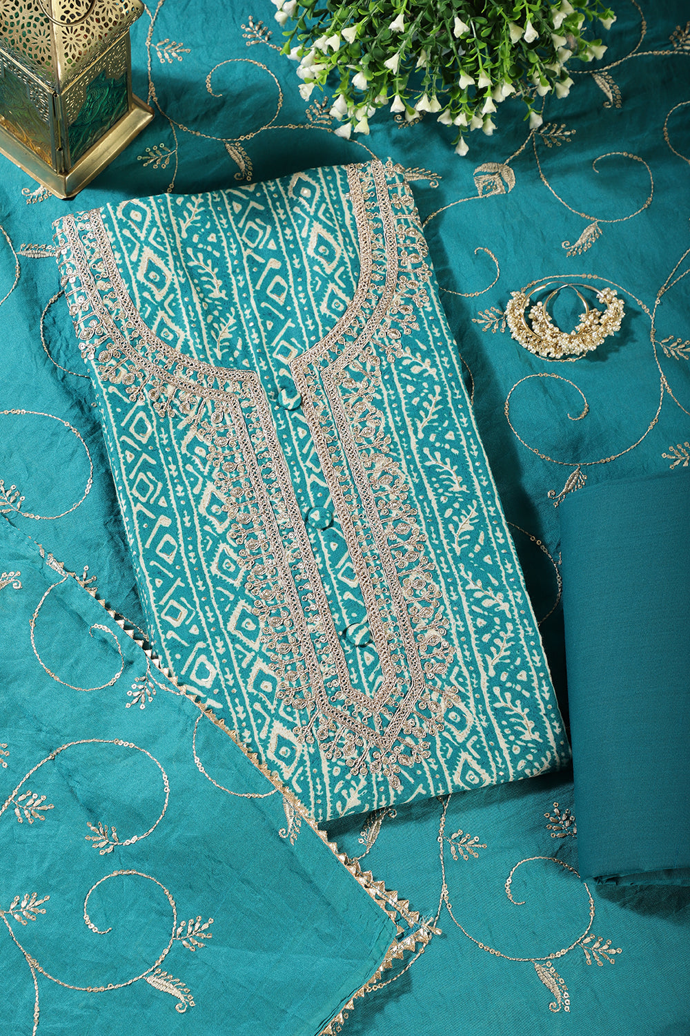 Teal Blue Cotton Digital Printed & Neck Embroidered Unstitched Suit