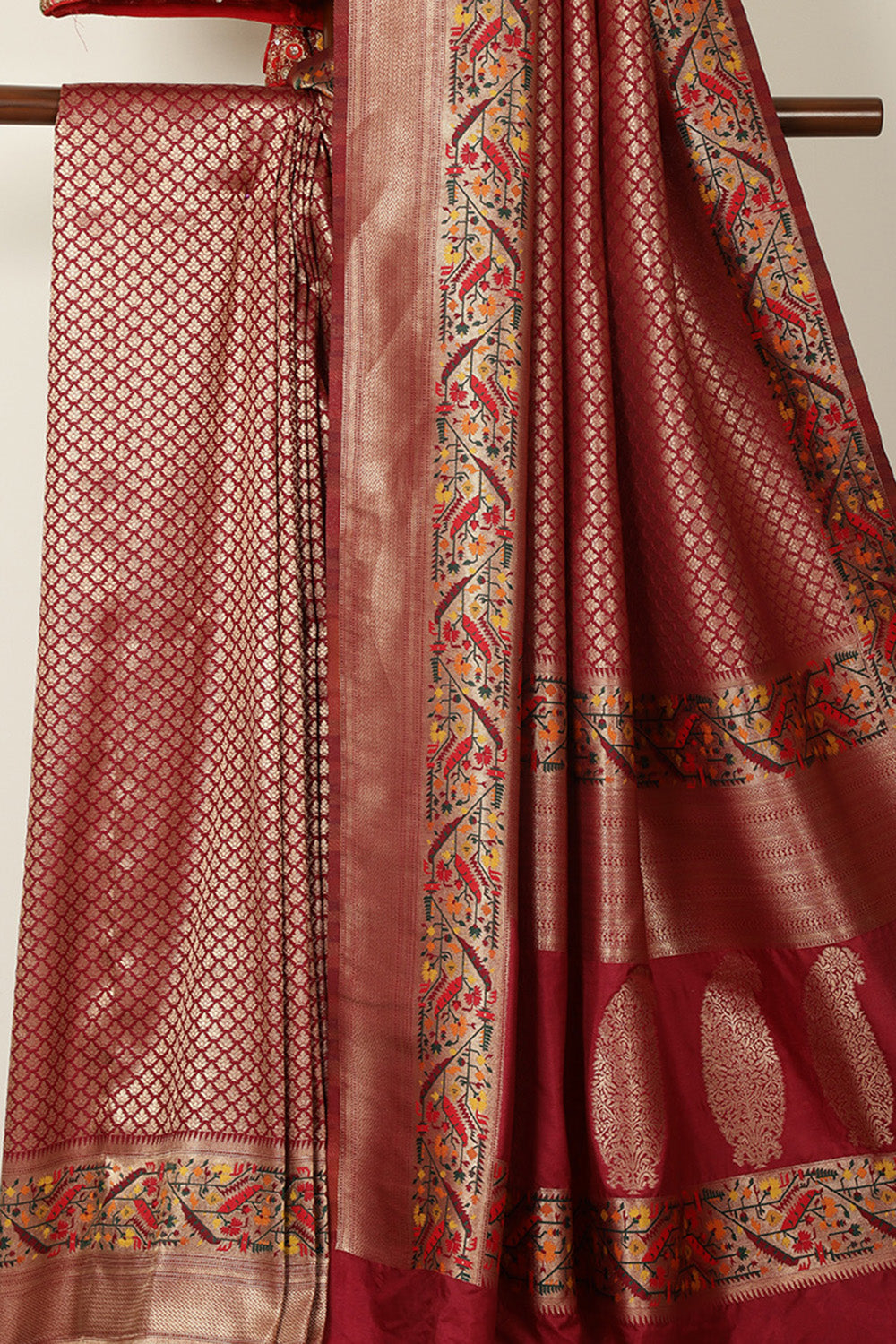 Dark Scarlet Soft Silk Zari and Resham woven Paithani Work Saree