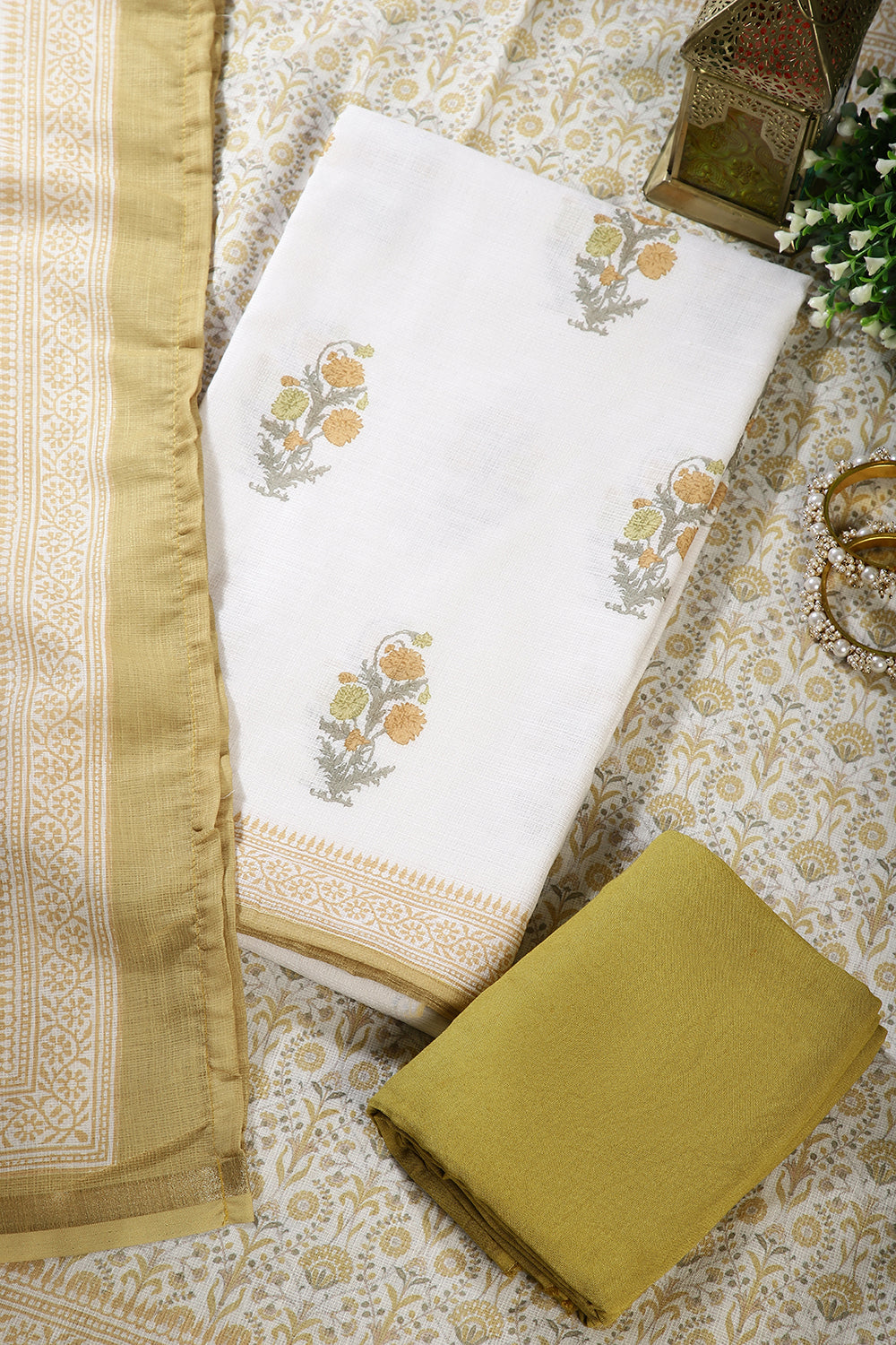 Cream & Olive Green Color Cotton Printed Unstitched Suit Material