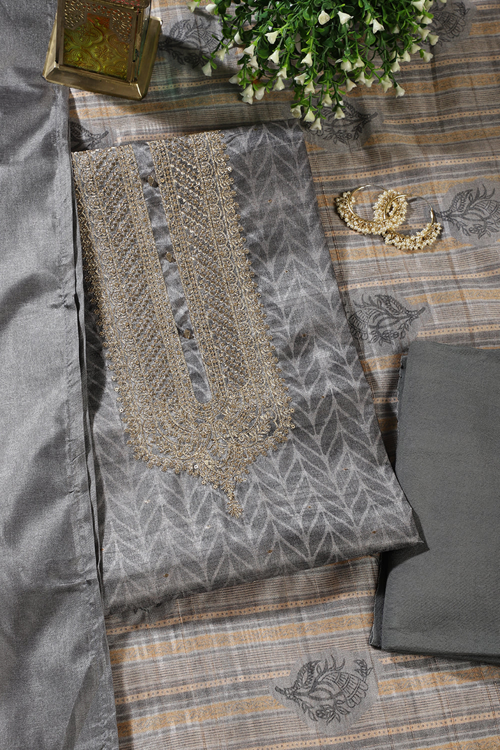 Grey Tussar Silk Neck Zari Embroidered & Printed Unstitched Suit Fabric