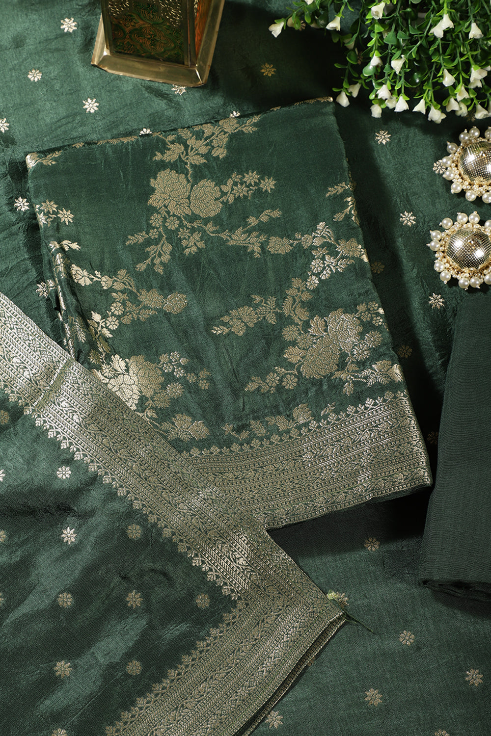 Bottle Green Banarsi Floral Woven Silk Unstitched Suit Fabric