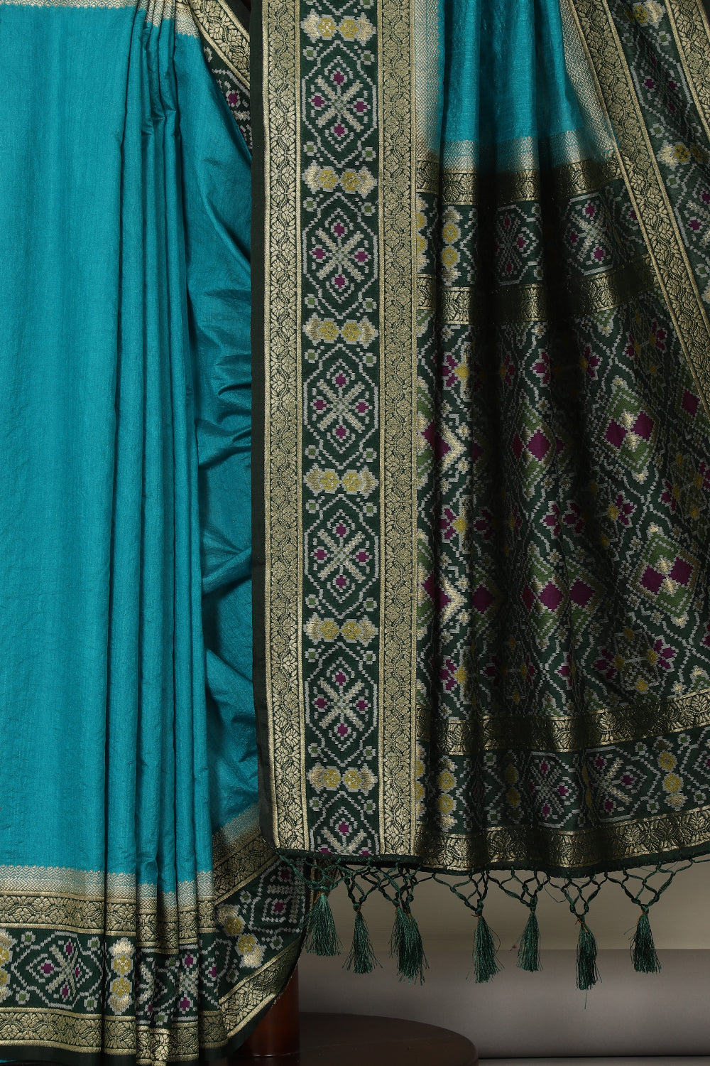 Turquoise  & Green Dual Toned Tussar Silk Patola Woven Saree