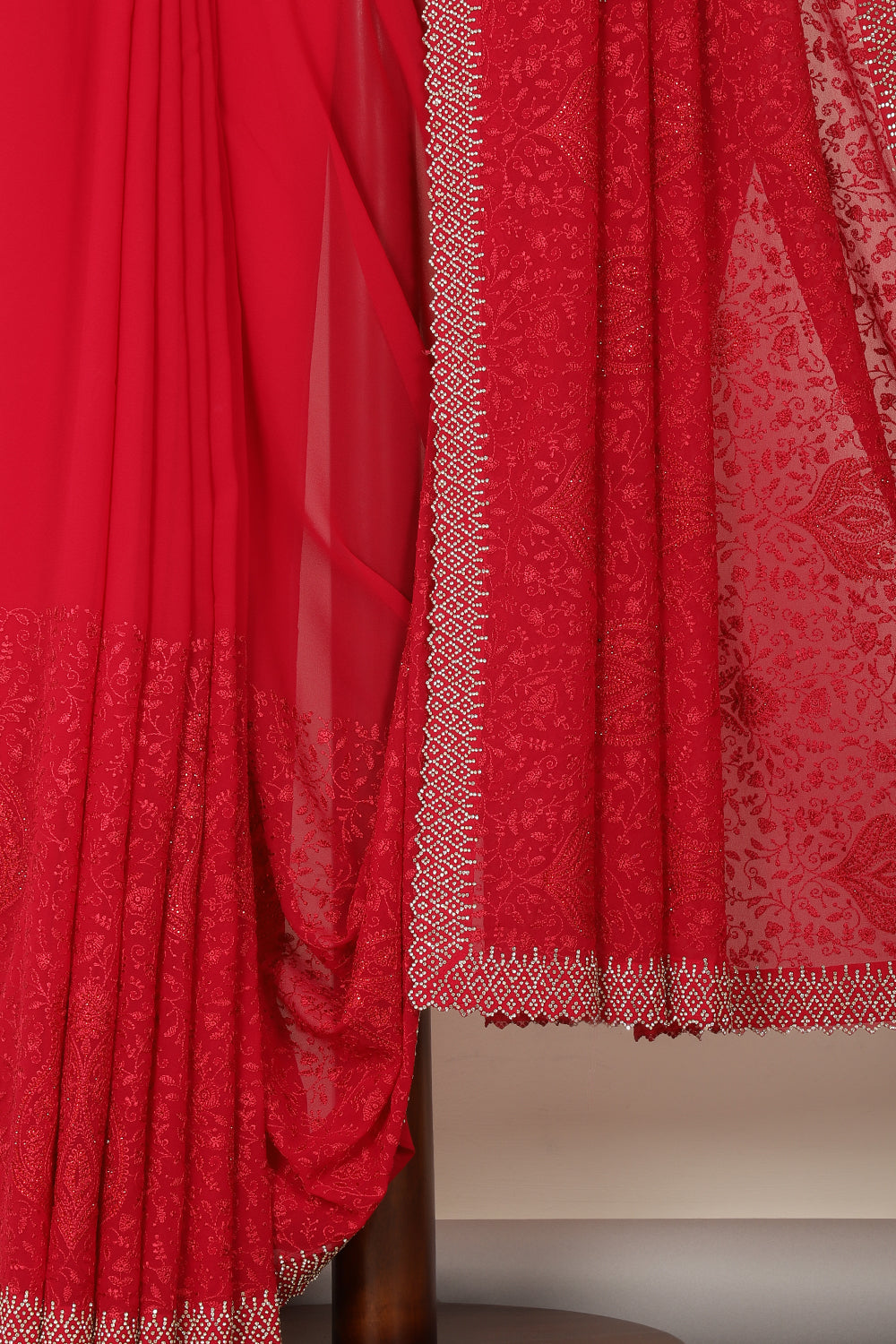 Valentine Red Georgette Resham Floral Jal Woven And Swarovski Work Saree