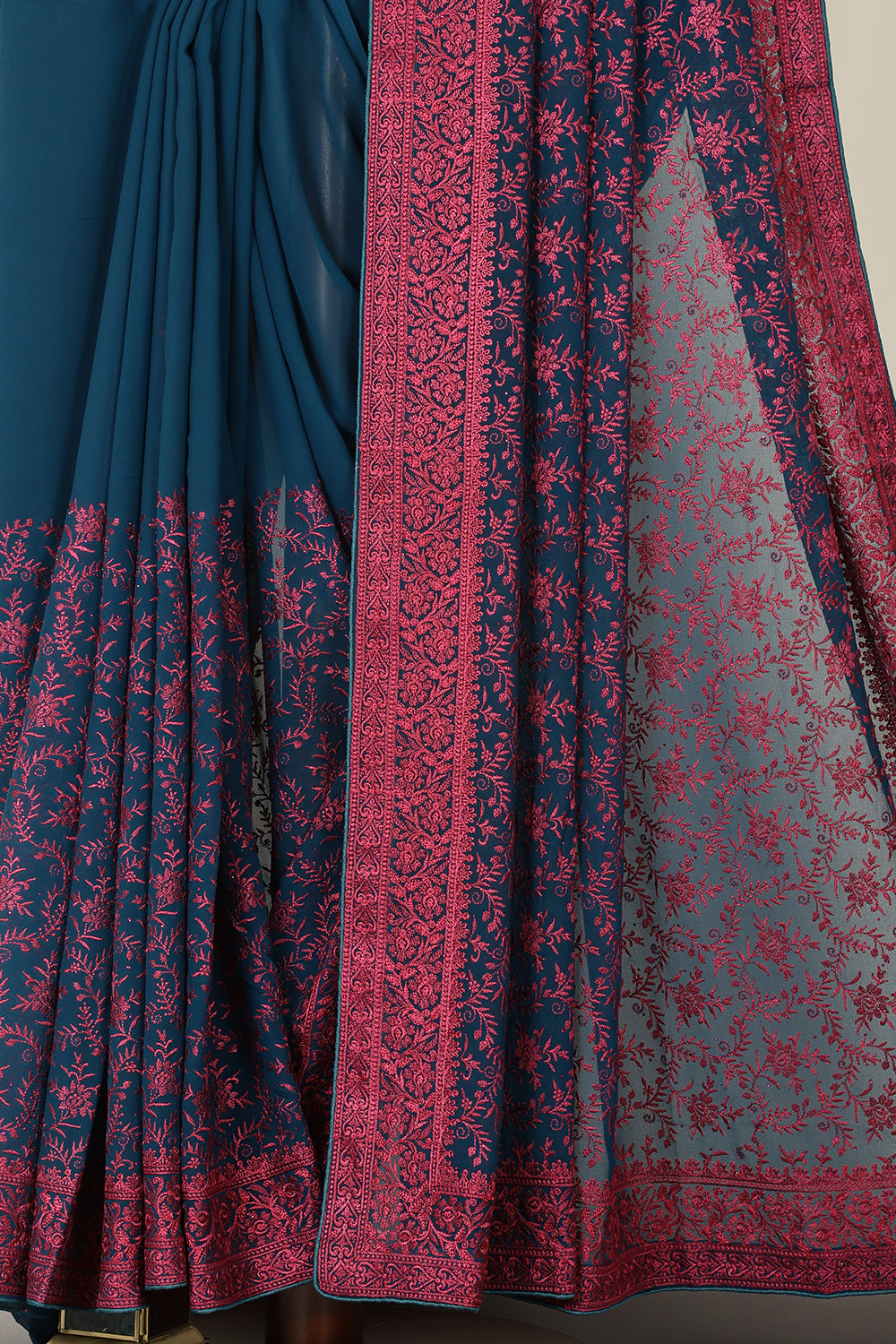 Nile Blue & Pink Georgette Resham Floral Jal Woven And Swarovski Work Saree