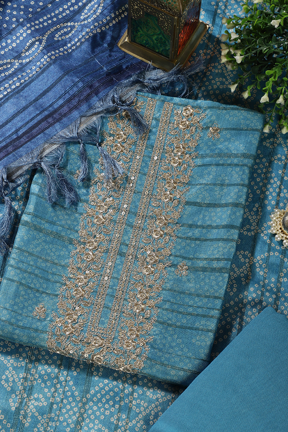 Turquoise Chanderi Silk Neck Embroidered & Bandhani Pinted Unstitched Suit Material
