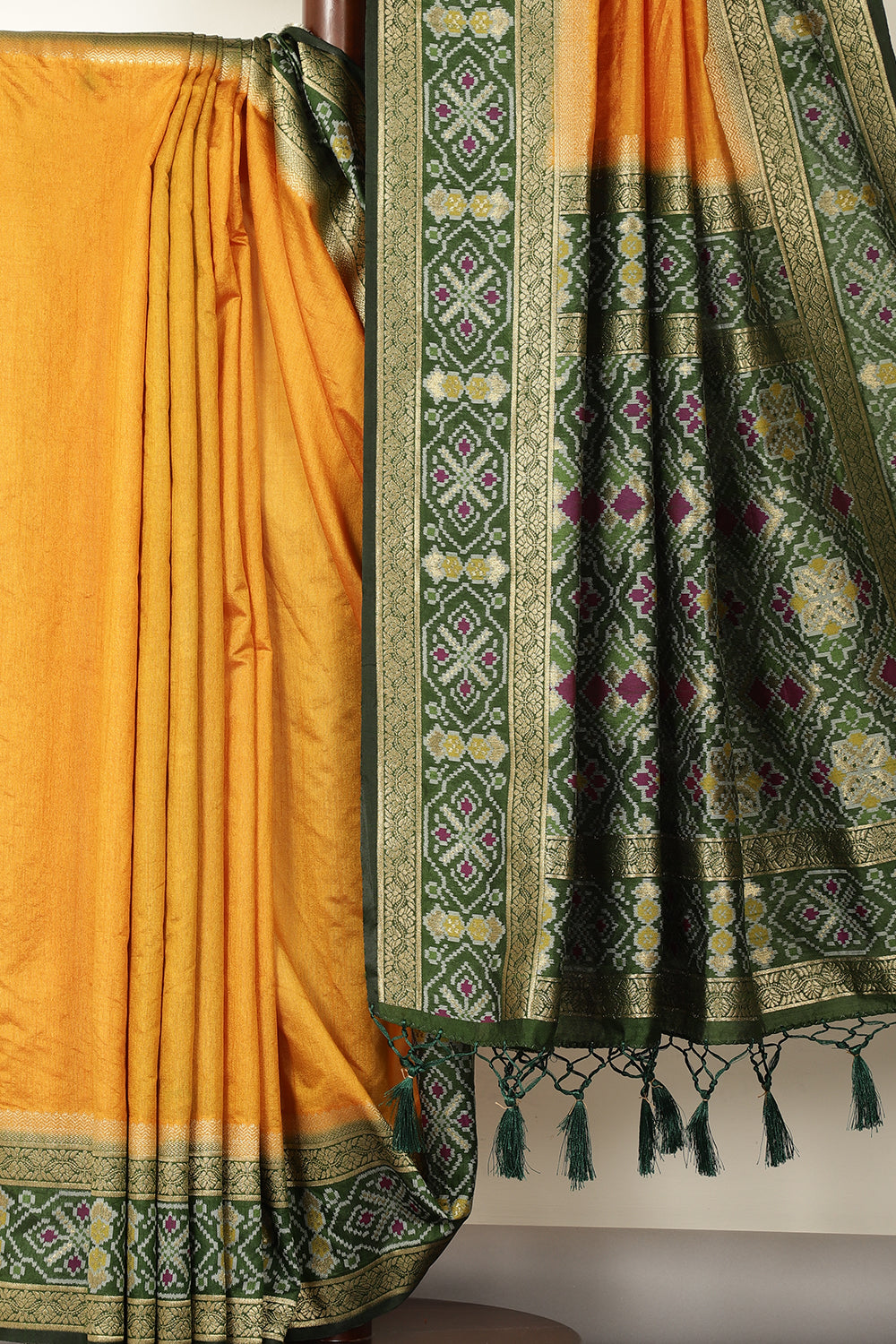 Mustard & Green Dual Toned Tussar Silk Patola Woven Saree