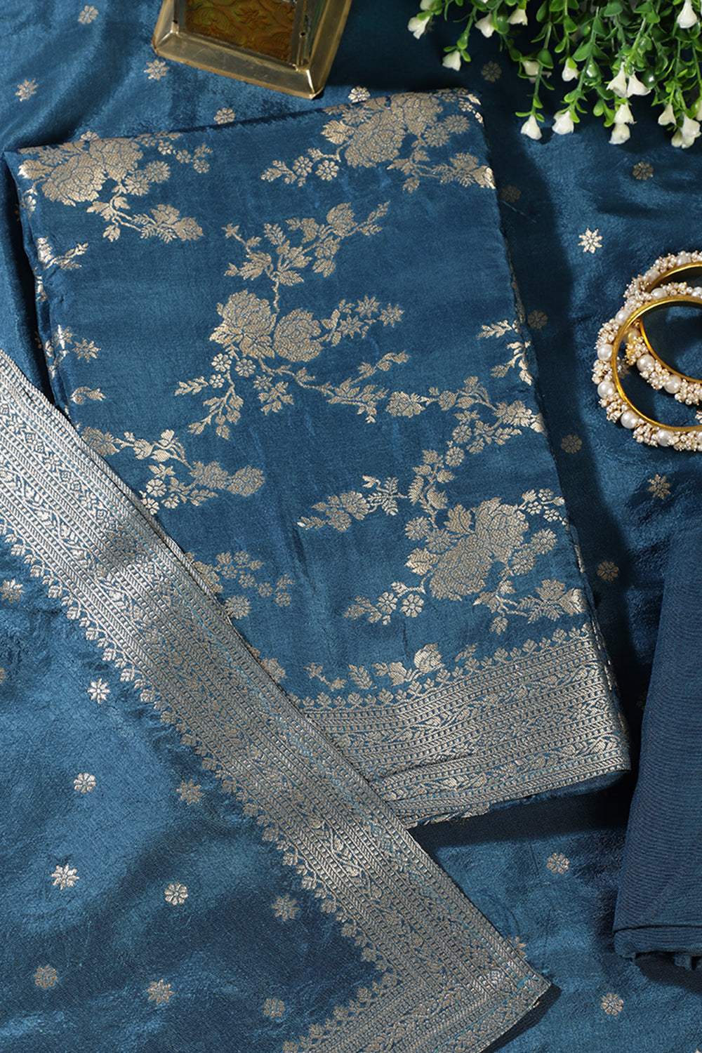 Royal Blue Banarsi Floral Woven Silk Unstitched Suit Fabric