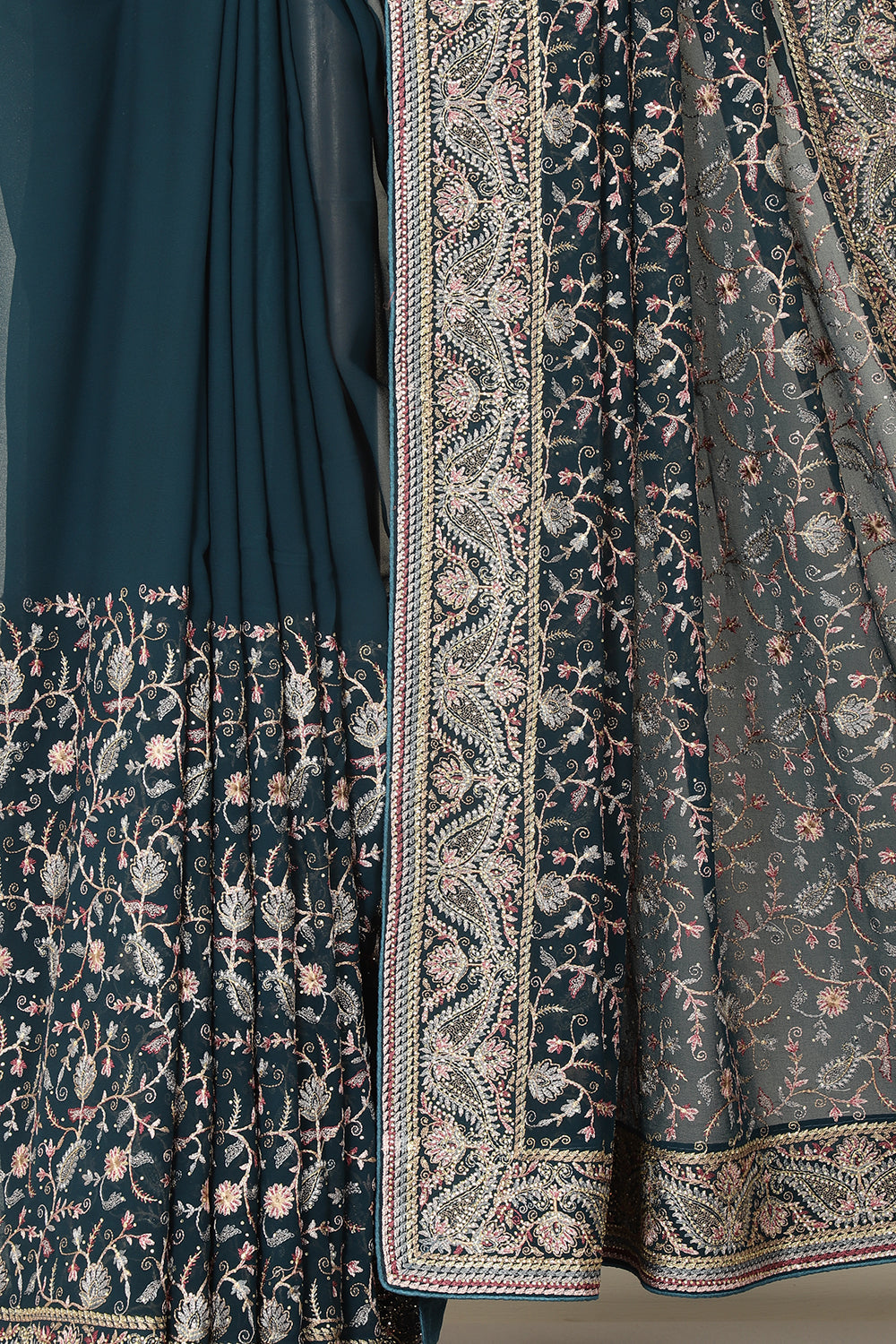 Bottle Green Georgette Resham Embroidered and Swarovski Worked Saree