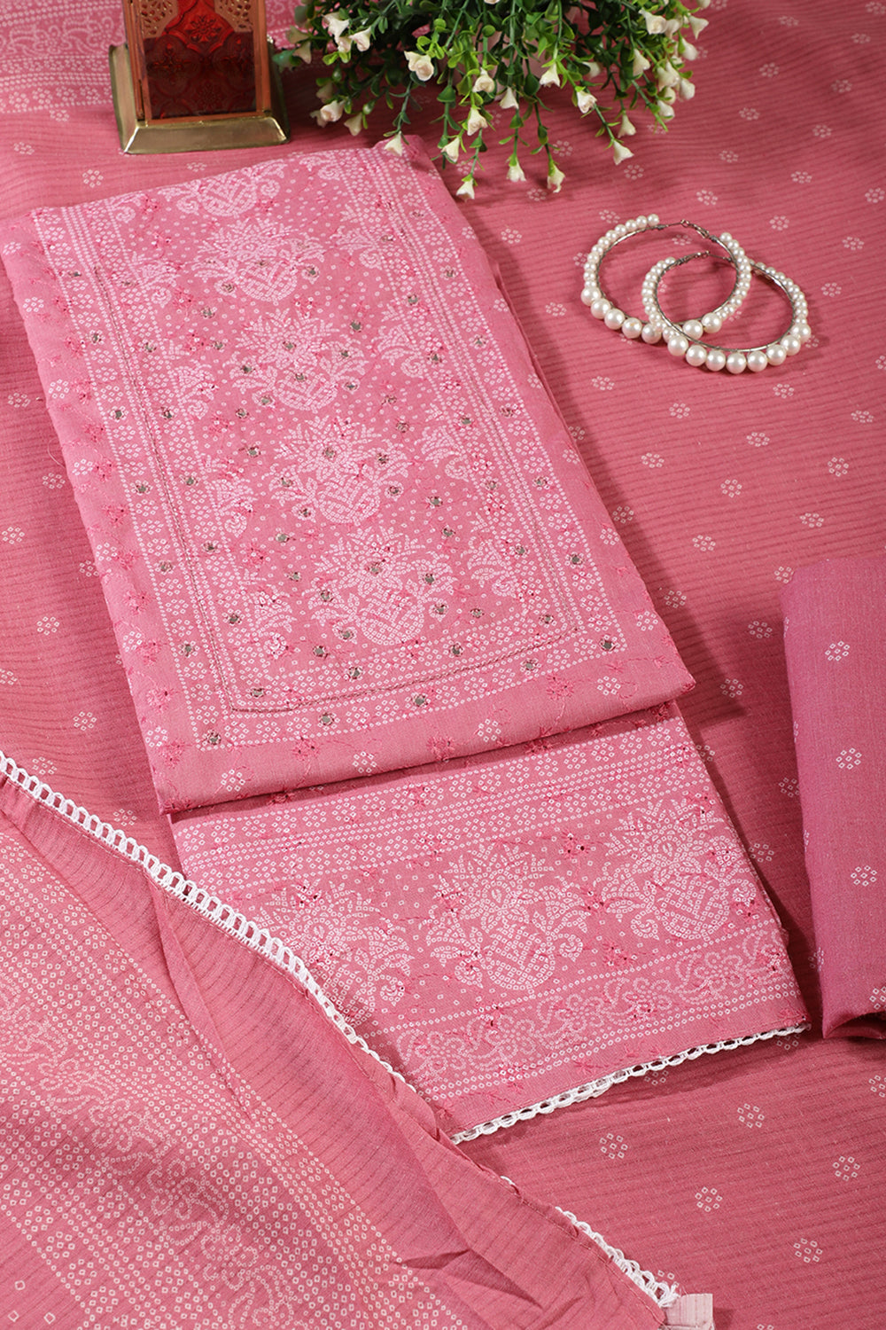 Dusty Pink Color Resham & Mirror Embroidered Cotton Unstitched Suit Fabric