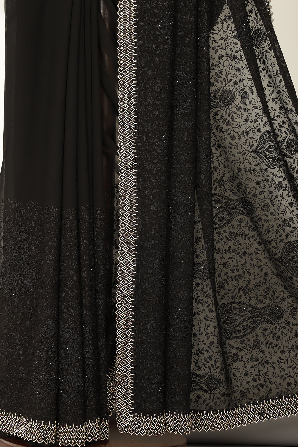 Black Georgette Resham Floral Jal Woven And Swarovski Work Saree