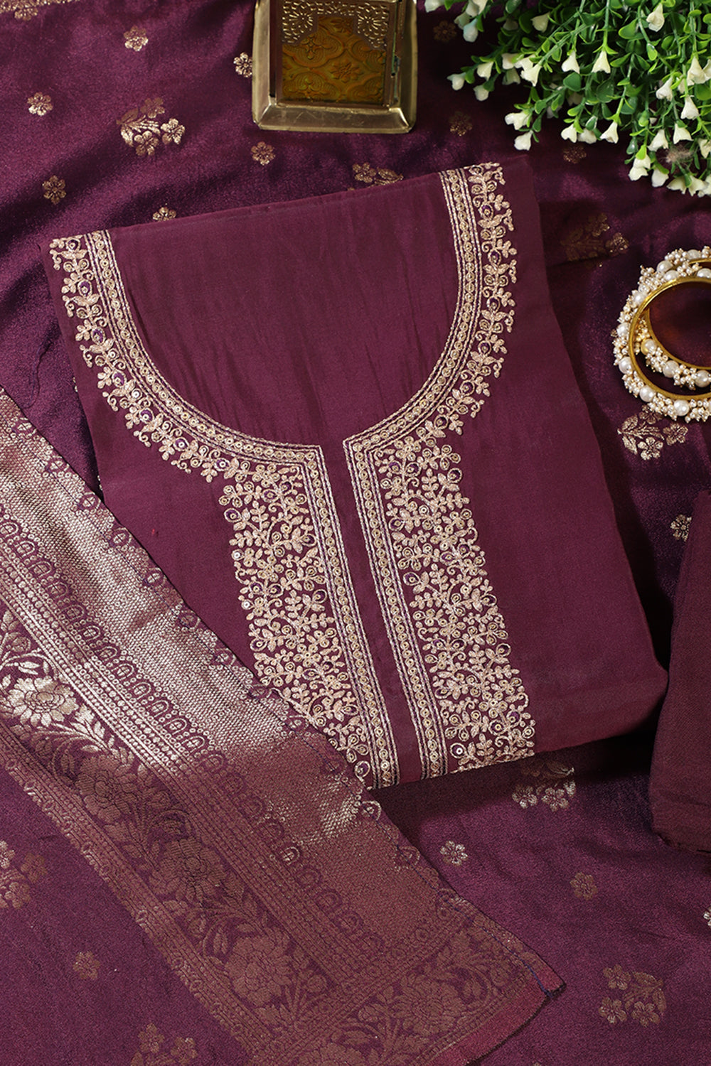 Wine Silk Neck Zari Embroidered Unstitched Suit Material