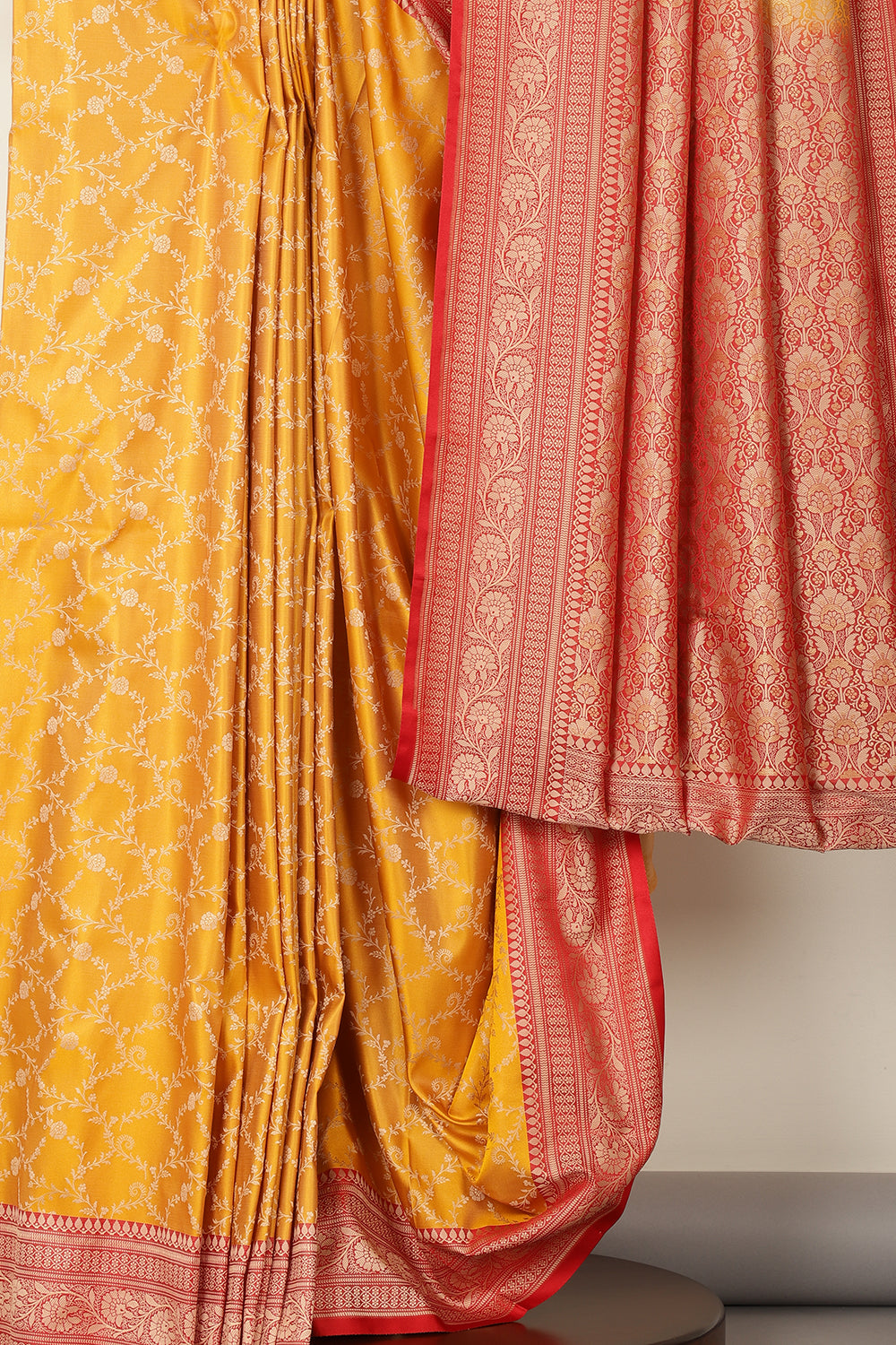 Mustard & Red Dual Toned Silk Floral Jal Woven Saree