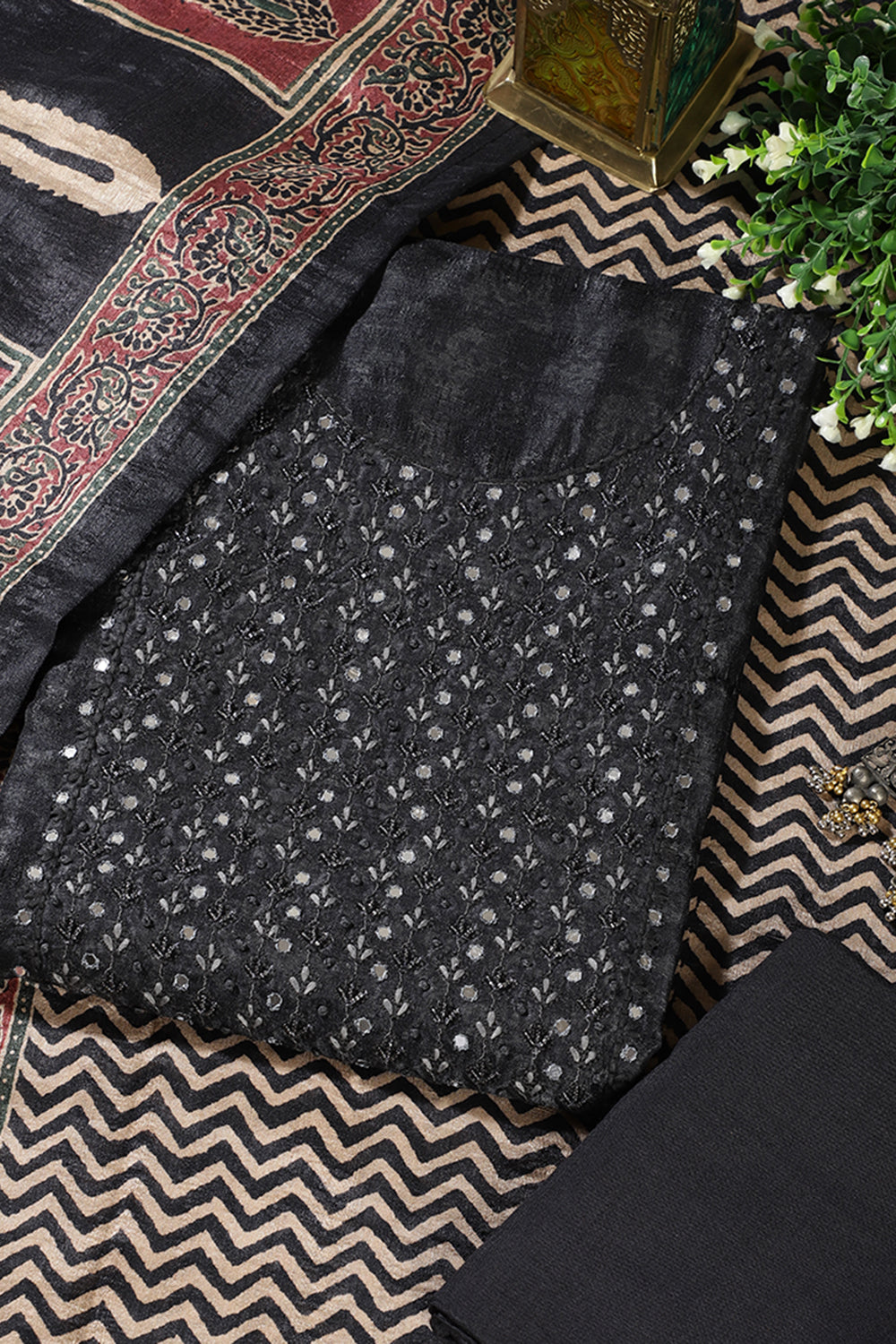 Black Tissue Silk Mirror & Resham work Unstitched Suit Material