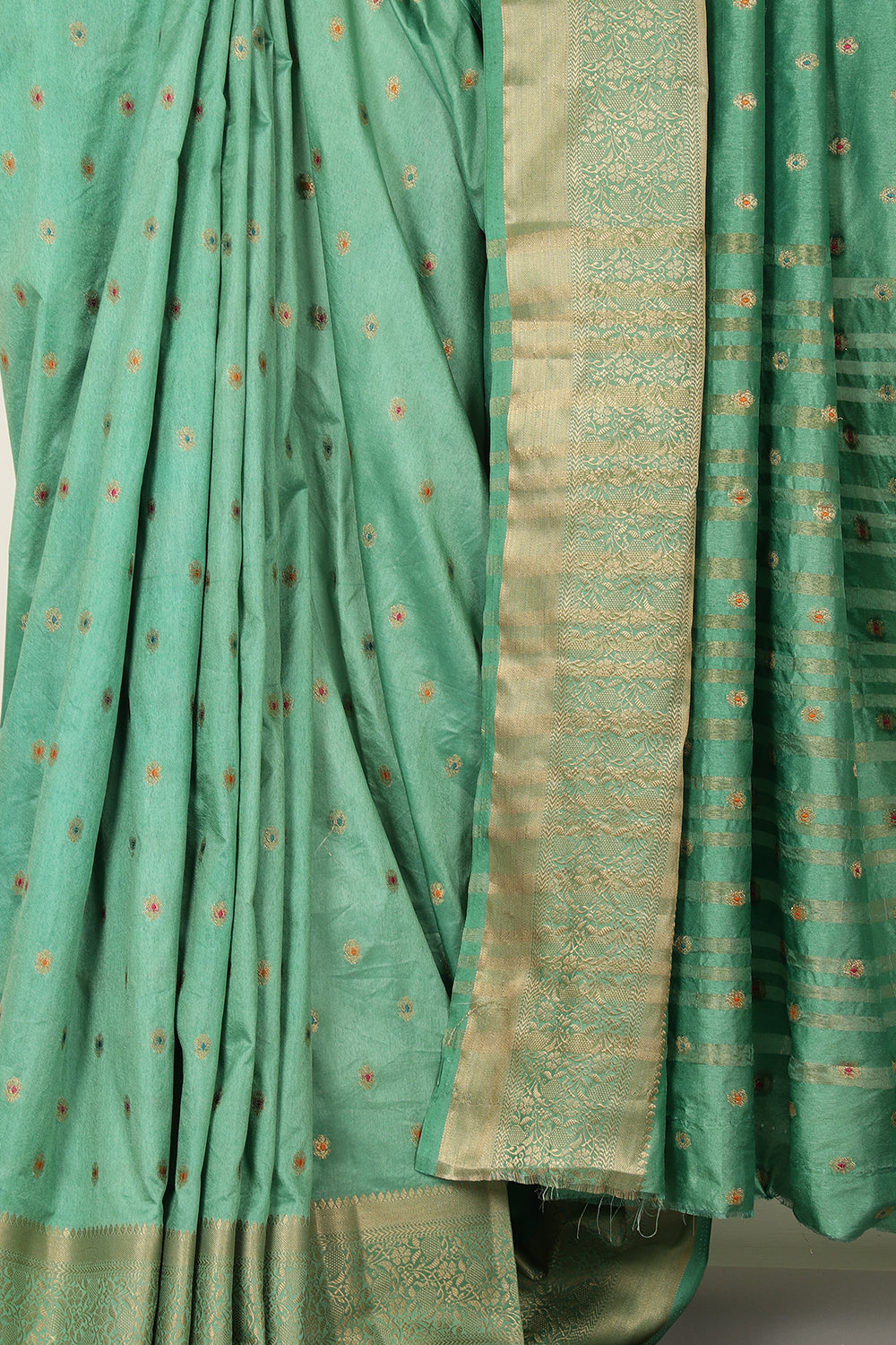 Sea Green Cotton Zari & Resham Woven Saree