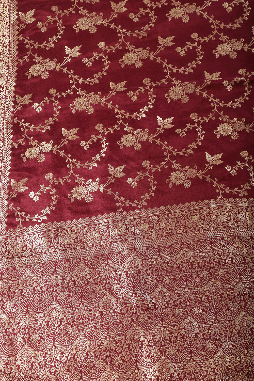 Dark Scarlet Banarasi Silk Zari Floral Zaal Woven Saree