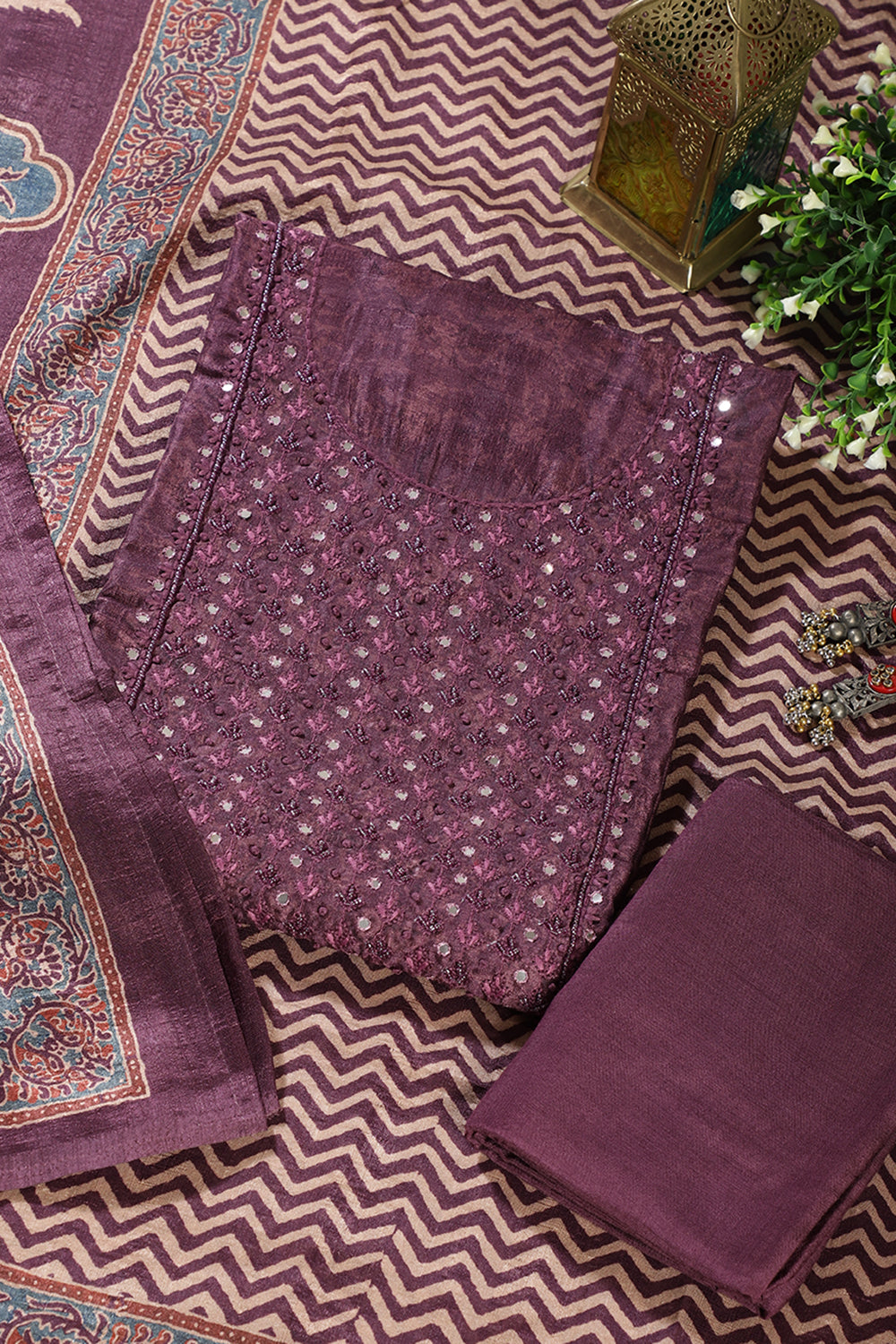 Wine Tissue Silk Mirror & Resham work Unstitched Suit Material