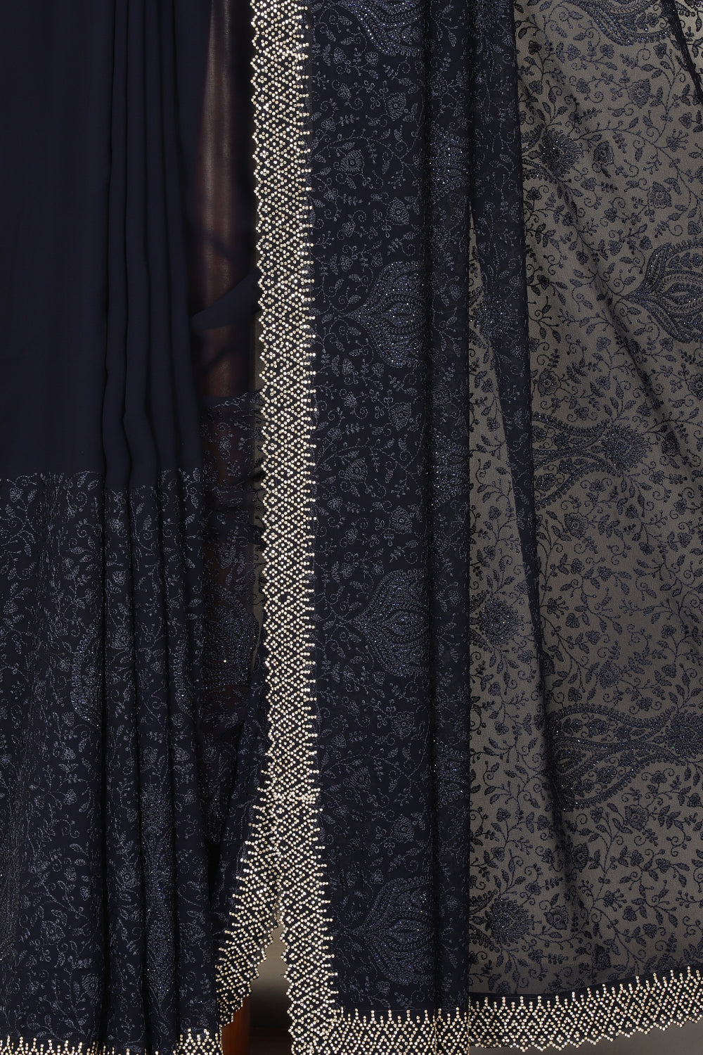 Navy Georgette Resham Floral Jal Woven And Swarovski Work Saree