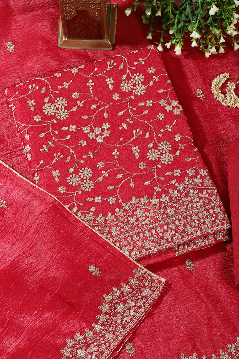 Cherry Red Tissue Silk Zari Embroidered Unstitched Suit Material