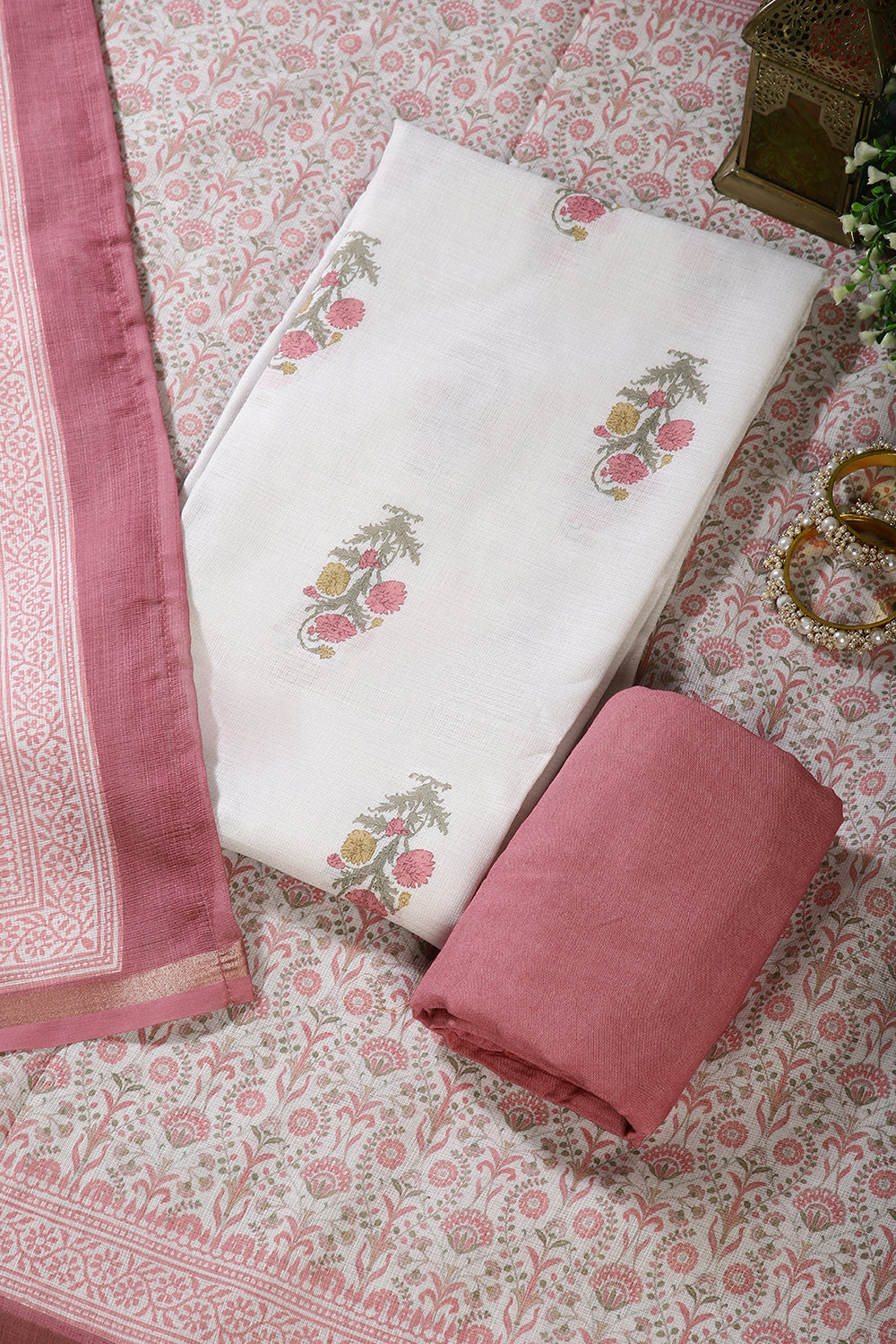 Cream & Dark Mauve Color Cotton Printed Unstitched Suit Material