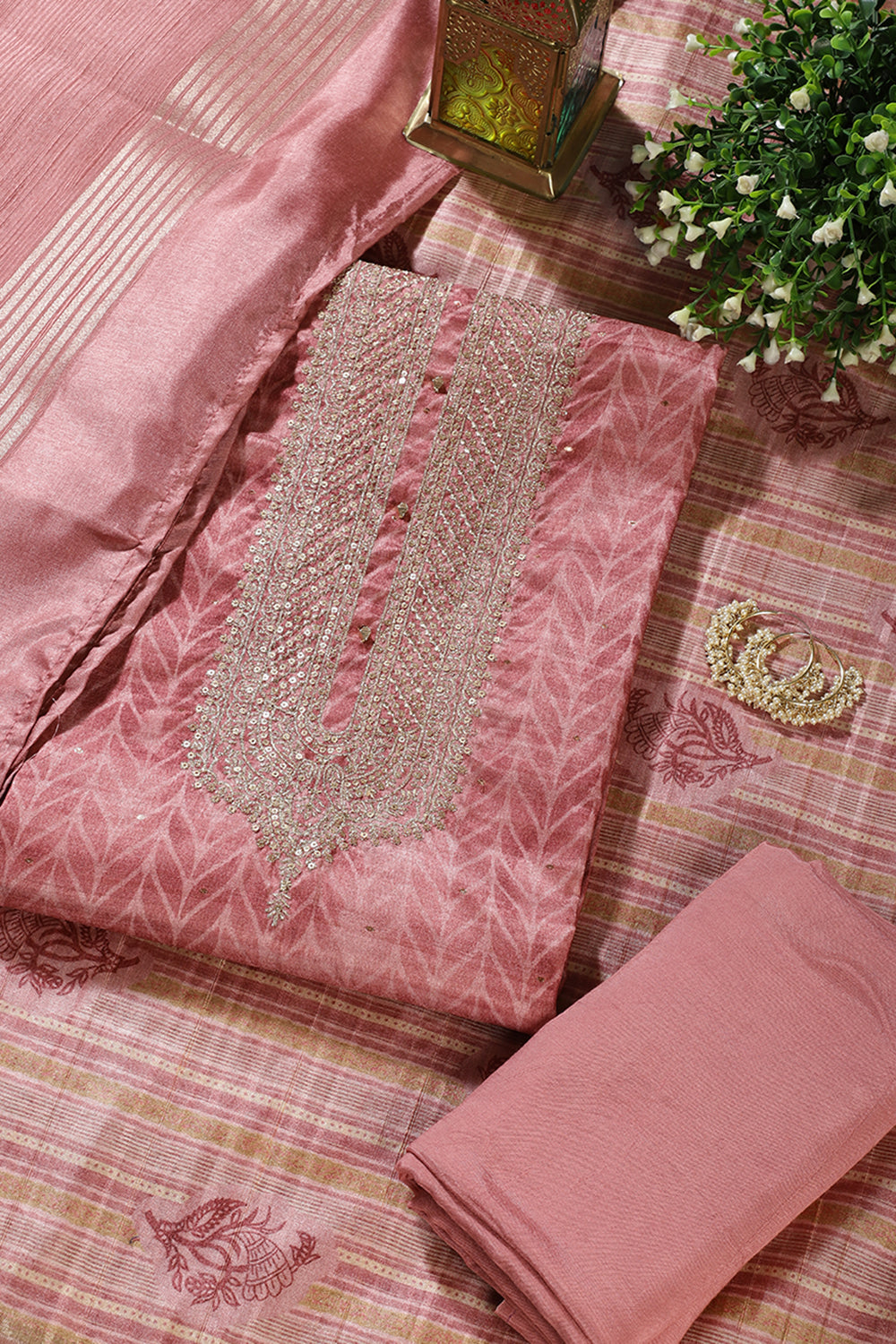 Coral Pink  Tussar Silk Neck Zari Embroidered & Printed Unstitched Suit Fabric