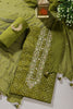 Olive Green Cotton Neck Zardozi Embroidered & Shibori Printed Unstitched Suit Fabric